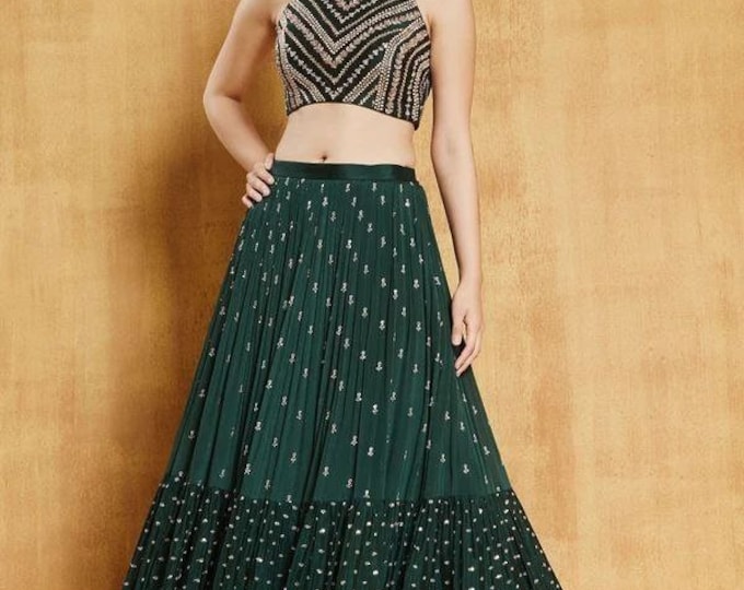 Stylish Green Cotton Traditional Wear Women'S Heavy Lehenga Choli Collection With Wine Red Cotton