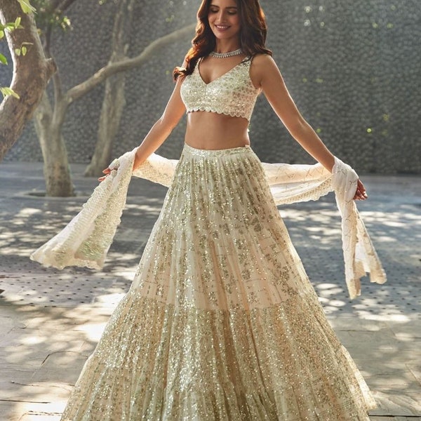 Designer Cream colour lehenga choli for women Sequins work  indian wedding wear party wear lengha bridesmaids lehenga choli custom made dres