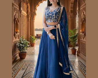 Blue Lehenga Choli: Indian Wedding Party Wear, Sequins Embroidery Work Lehengas