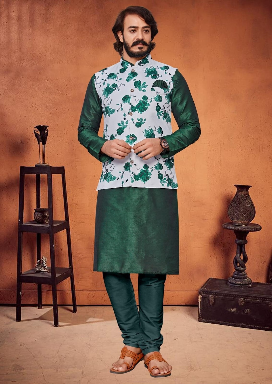 Green kurta pajama with jacket hotsell