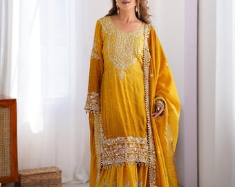 Yellow salwar kameez sharara suit for women kurtis for women indian wedding wear kurta set Full Flair palazzo suit Haldi function outfits