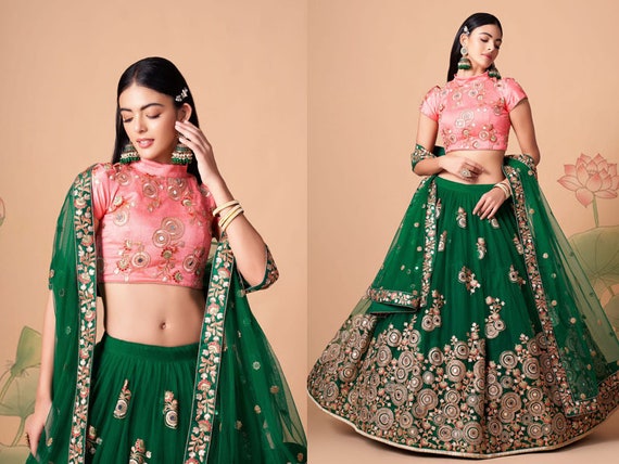 Lehenga choli top pink and green