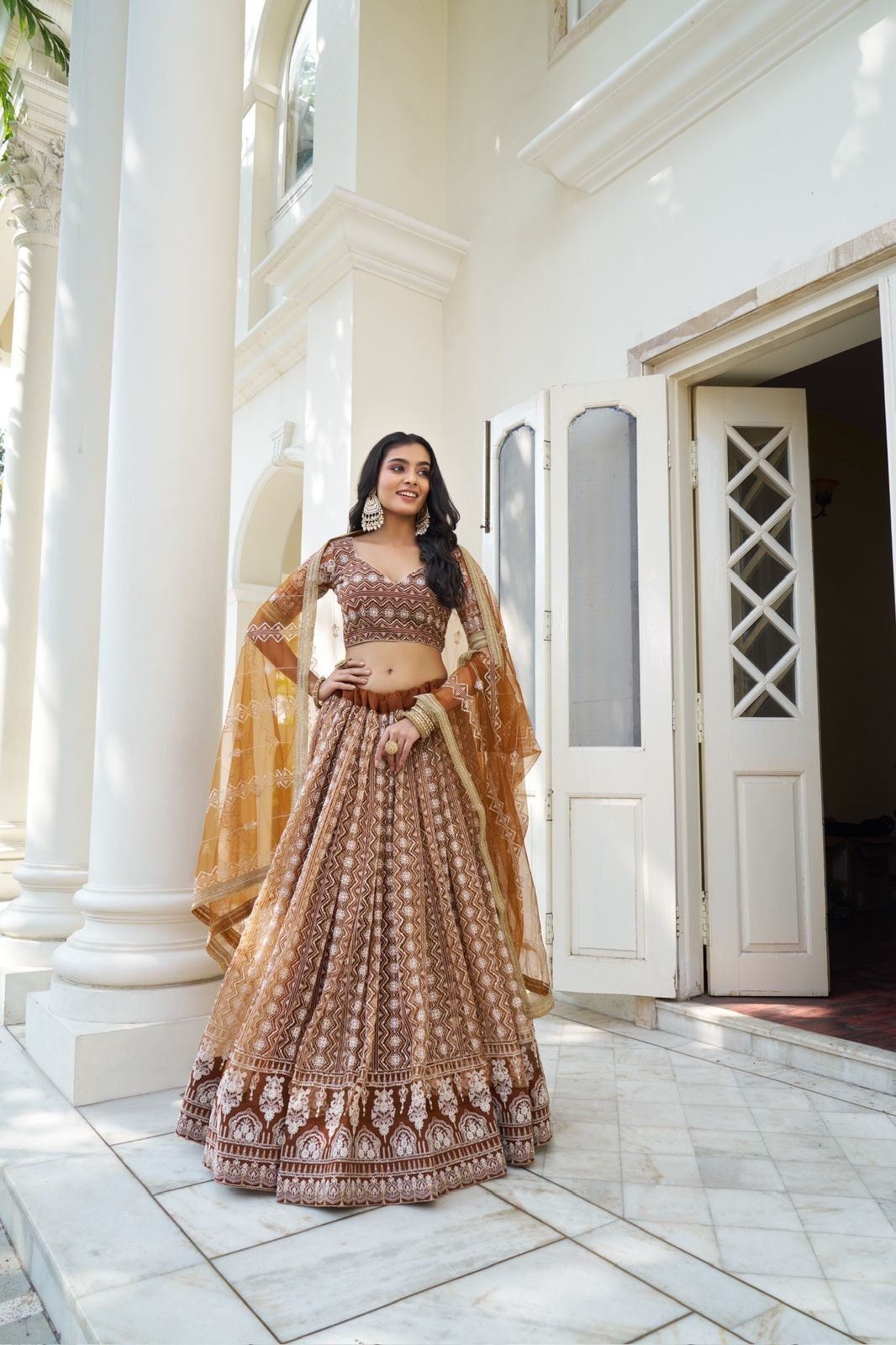 brown indian dress for women Brown Lehenga Choli: Indian Wedding Wear With Zari Embroidery Work Lehengas  Party Wear