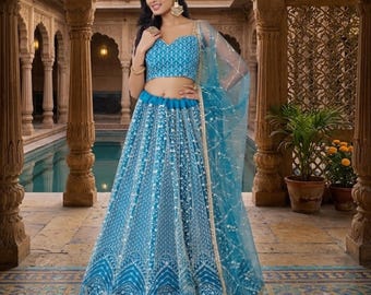 Sky Blue Lehenga Choli: Indian Wedding Wear, Zari Embroidery