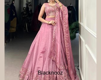 Pink Vichitra Silk Lehenga Choli: Pearl & Sequin Embroidery, Indian Wedding Wear