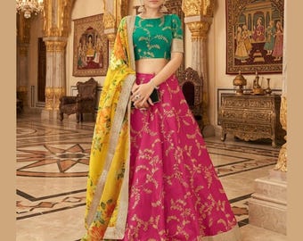 Floral Lehenga Choli Set: Hot Pink & Green Indian Wedding Haldi Mahendi Fucntion Wear Lehengas