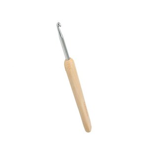 May include: A wooden crochet hook with a silver hook. The hook is about 6 inches long.