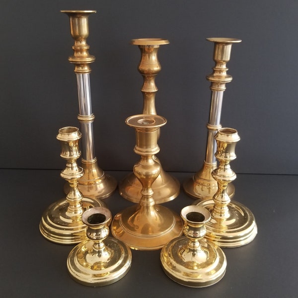 Vintage Brass Candlestick Collection - Set de 8 / Rustic Chic / Mantle Decor / Tablescape / Centerpiece Grouping
