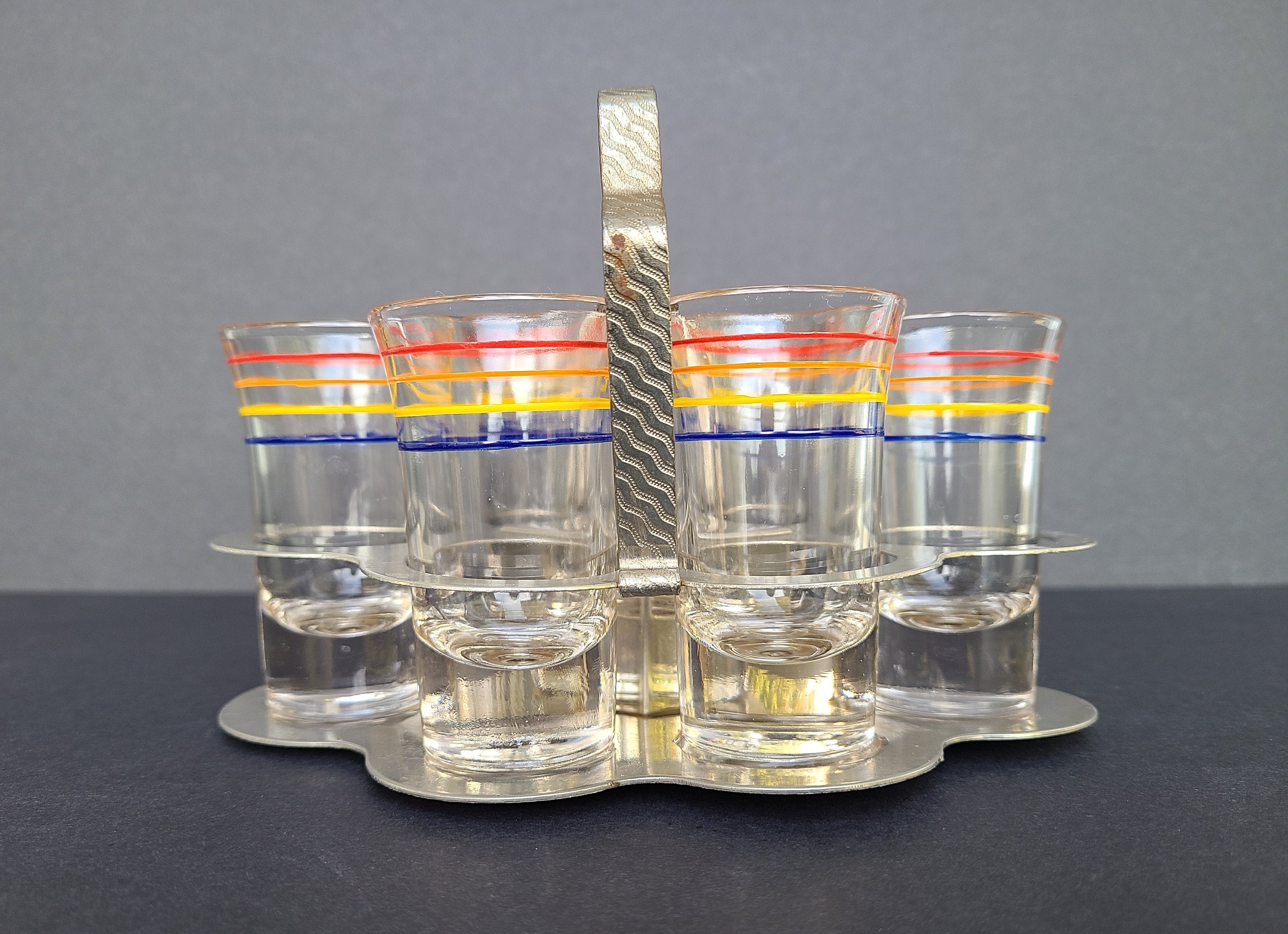 Vintage Shot Glass Set | Set of 6 with Metal Chrome Caddy | Midcentury Barware