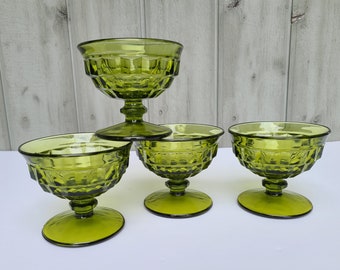 Indiana Glass Olive Green Coupe Glassware - Set of 4 | Pattern = Whitehall | Art Deco / Cubist Design | Stemmed Dessert Cups