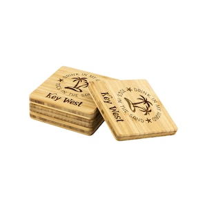 Key West Drink in My Hand Toes in the Sand Bamboo Coasters 4pc Set | Gifts for Him or Her | Wedding, Bridesmaids, or Groomsmen Unique Gift