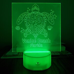 Beachy LED Light-Up Acrylic Sign “Beach Vibes” Sea Turtle Personalized with Favorite Beach Unique Fun Light-Up Gift Black or White Base