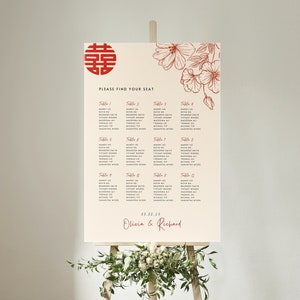 Chinese bruiloft zitplaatsen grafiek sjabloon, Aziatische bruiloft zitplaatsen grafiek, oosterse bruiloft zitplaatsen grafiek, DIY afdrukbare Canva sjabloon