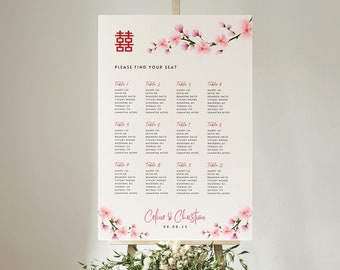 Chinese Wedding Seating Chart Template, Cherry Blossom Asian Wedding Seating Chart, Japanese Seating Chart, DIY Printable Canva Template