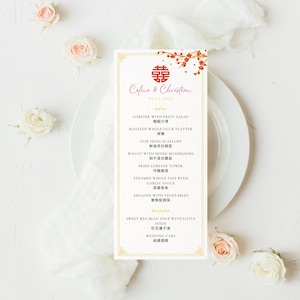 Modelo de menu de casamento chinês, menu de felicidade dupla, menu em inglês chinês, menu de casamento asiático, download instantâneo, modelo para impressão DIY
