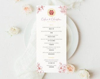 Chinese Wedding Menu Template, Asian Wedding, Asian Menu, Bilingual Chinese English Menu, Chinese Dinner Menu, Editable Template