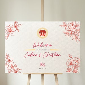 Chinese Wedding Welcome Sign Template, Tea Ceremony Sign, Asian Wedding Signage, Oriental Wedding Sign, Editable Canva Template