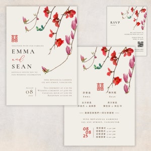 Chinese huwelijksuitnodiging, Chinees-Engelse huwelijksuitnodiging, RSVP-kaart, tweetalige bruiloft, Aziatische huwelijksuitnodiging, bewerkbare sjabloon