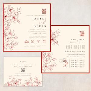 Chinesische Hochzeitseinladung, Quadratische Chinesische Englische Einladung, zweisprachige Hochzeit, Asiatische Hochzeit einladen, Orientalische Hochzeit, Bearbeitbare Vorlage