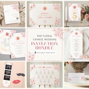 Chinese Wedding Template Set, Bilingual Chinese English Wedding, Asian Wedding Invitation, Editable Canva Template