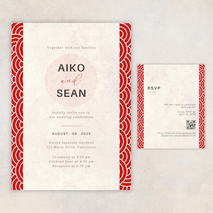 Minimalistische japanische Hochzeitseinladungsvorlage, japanische Hochzeitskarte, japanische Welle, asiatische Hochzeitseinladung, bearbeitbare Vorlage
