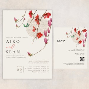 Japanisch inspirierte Hochzeitseinladung Vorlage, japanische Hochzeitskarte, japanische Welle, asiatische Hochzeitseinladung, bearbeitbare Vorlage
