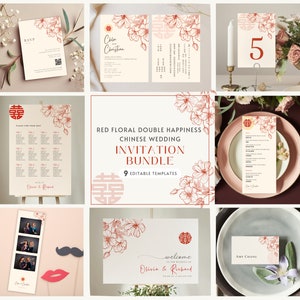 Chinesisches Hochzeitsvorlagenset, zweisprachige chinesisch-englische Hochzeit, asiatische Hochzeitseinladung, bearbeitbare Canva-Vorlage