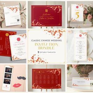 Conjunto de modelos de casamento chinês, casamento chinês bilíngue em inglês, sakura flor de cerejeira vermelha, convite de casamento asiático, modelo editável