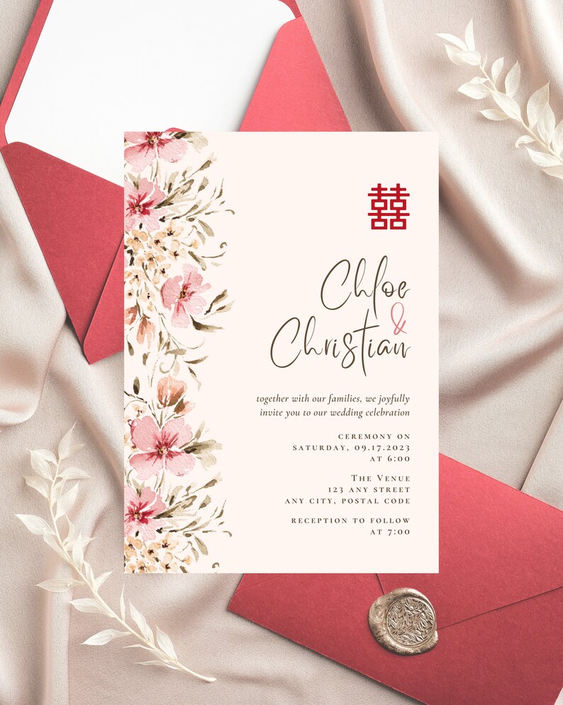 Chinese Wedding Invitation, Chinese English Floral Wedding Invitation