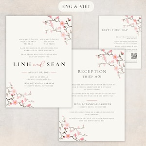 Modello di invito a nozze vietnamita, fiore di ciliegio Sakura, invito bilingue inglese vietnamita, Thiep Cuoi, modello modificabile fai da te