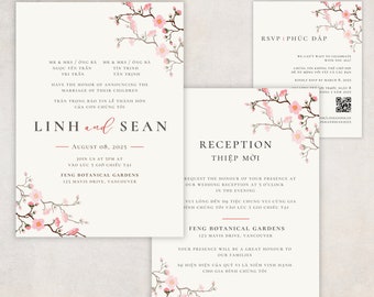 Vietnamese Wedding Invitation Template, Sakura Cherry Blossom, Bilingual Vietnamese English Invitation, Thiep Cuoi, DIY Editable Template