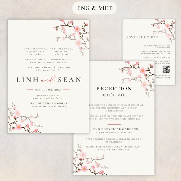 Vietnamese Wedding Invitation Template, Sakura Cherry Blossom, Bilingual Vietnamese English Invitation, Thiep Cuoi, DIY Editable Template