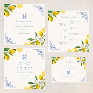 Asian Mediterranean Destination Wedding Invitation, Chinese Wedding Invitation Template, Double Happiness, Santorini, Positano, Lemon