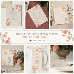 Conjunto de modelos de casamento chinês, conjunto de casamento bilíngue chinês inglês, convite de casamento asiático, download instantâneo, modelo Canva editável