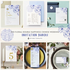 Conjunto de modelos de casamento chinês azul, casamento em inglês chinês, felicidade dupla, casamento asiático, flores de chinoiserie azuis, modelo editável