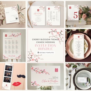 Set di modelli di matrimonio cinese, matrimonio bilingue cinese-inglese, fiori di ciliegio, invito di matrimonio asiatico, modello Canva modificabile