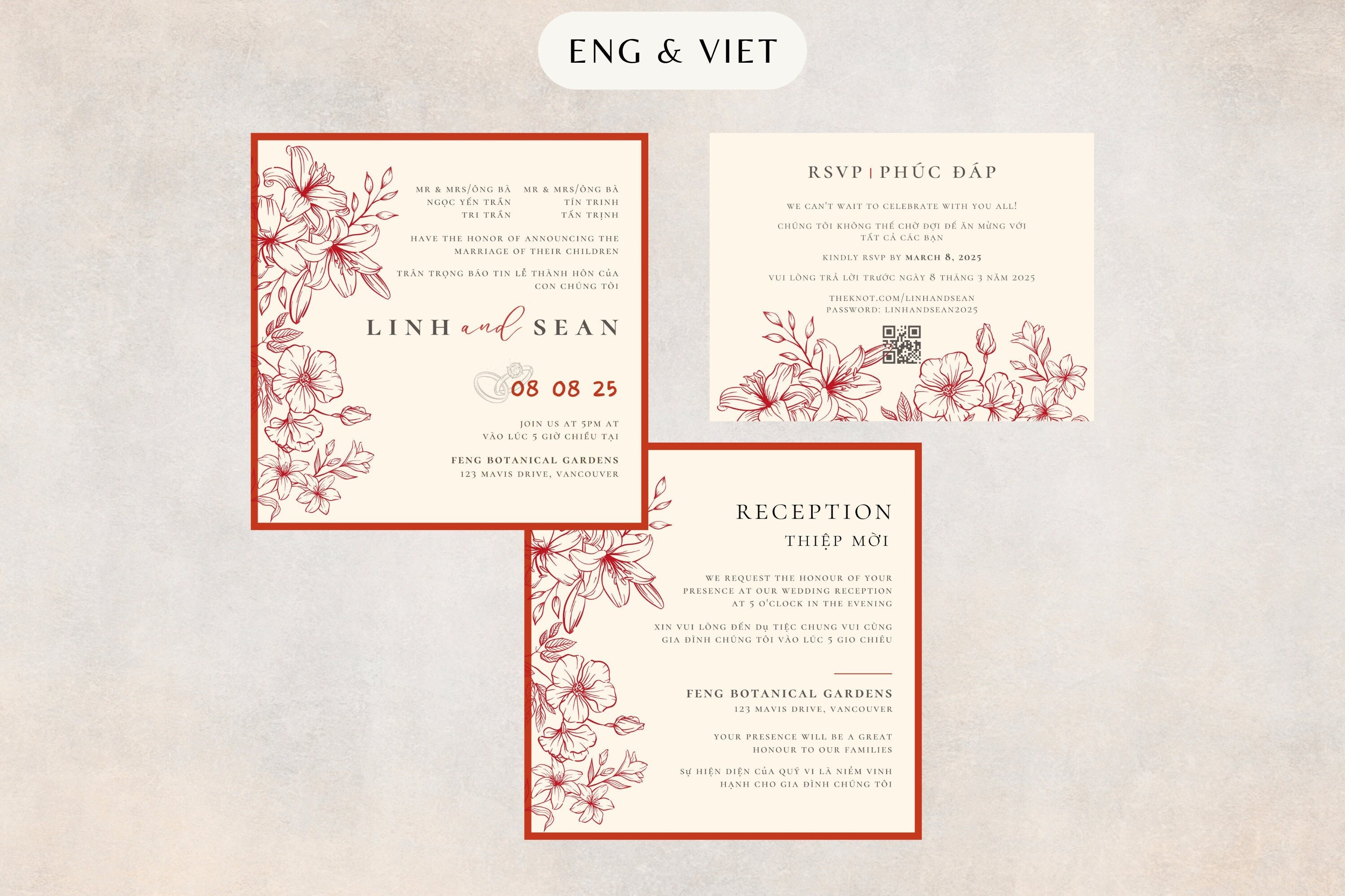 Vietnamese English Wedding Invitations Vietnamese Wedding Invitation Template, Bilingual Vietnamese English