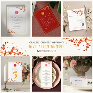 Conjunto de modelos de casamento chinês clássico, conjunto de casamento chinês e inglês, bilíngue inglês e chinês, suíte de casamento asiática, modelo Canva editável