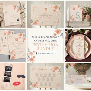 Conjunto de modelos de casamento chinês, casamento bilíngue chinês e inglês, convite de casamento asiático, modelo Canva editável