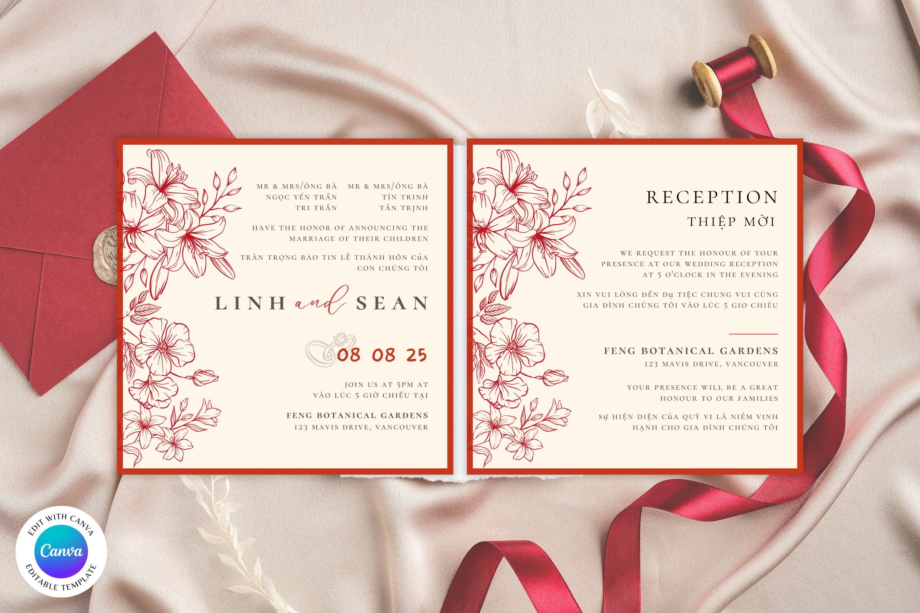 Vietnamese English Wedding Invitations Vietnamese Wedding Invitation Template, Bilingual Vietnamese English