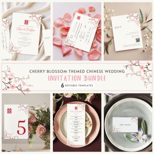 Set di modelli di matrimonio cinese, matrimonio cinese inglese bilingue, fiore di ciliegio Sakura, invito a nozze asiatico, modello Canva modificabile
