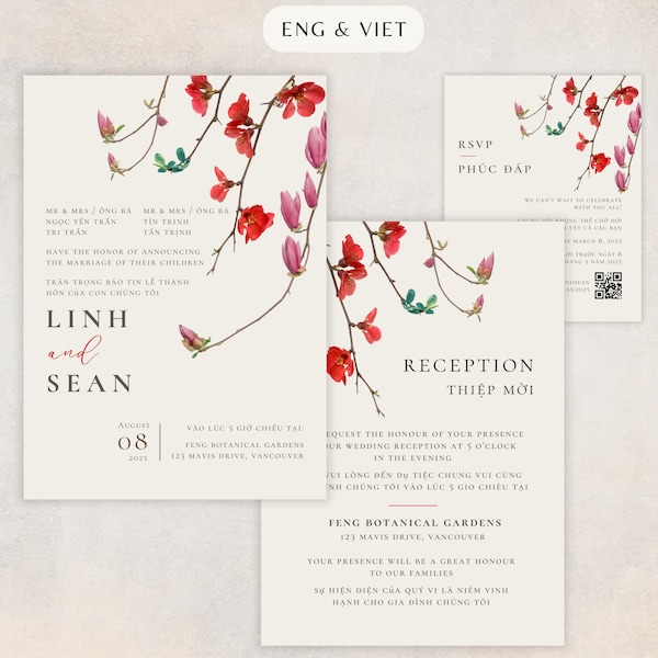 Vietnamese Wedding Invitation Template, Vietnamese English Bilingual Invitation, RSVP Card, Thiep Cuoi, Asian Wedding, DIY Editable Template