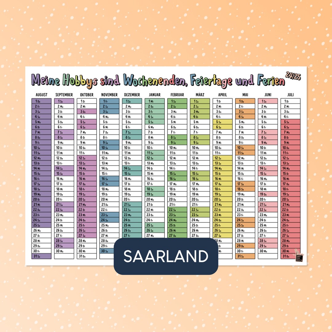 School Year Calendar Saarland 2024/25 Marking of Holidays, Weekends