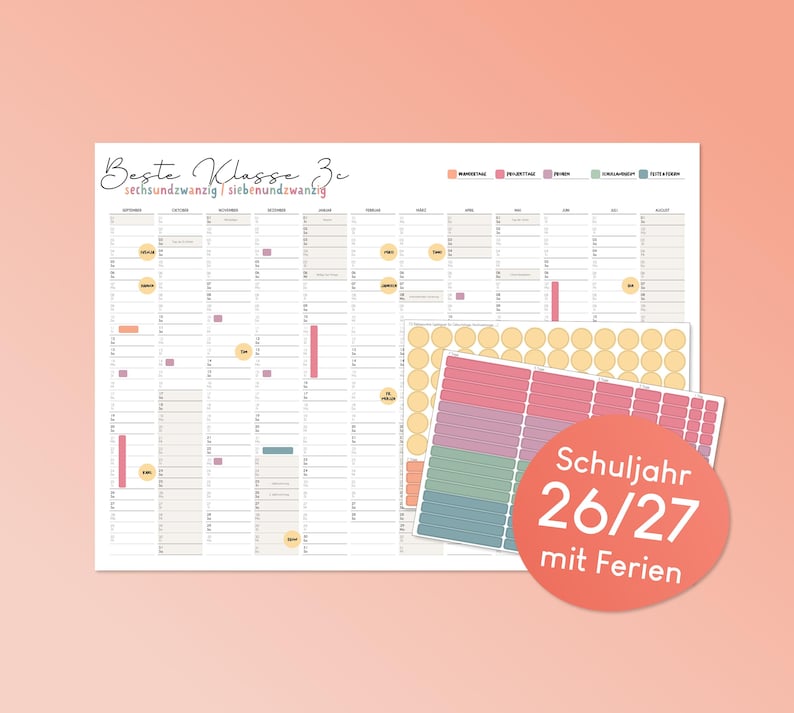Calendario escolar personalizado 2026/27 con días festivos y pegatinas coloridas – Calendario de pared grande con días festivos, vacaciones y pegatinas imagen 1