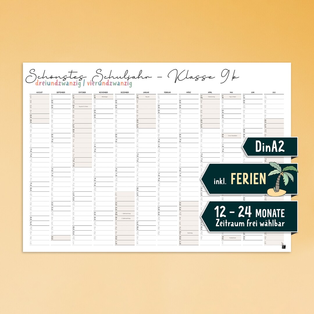 Kalender Personalisiert Mit Schulferien Din A2 12 Bis 24 - Etsy