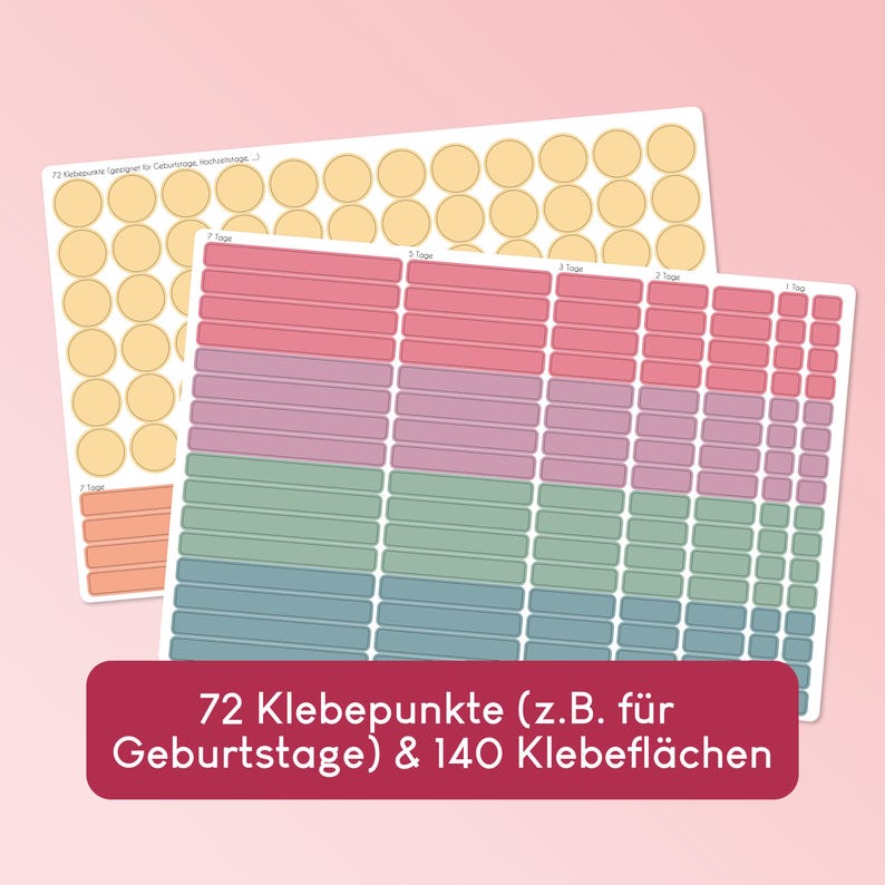 May include: Two sheets of adhesive labels featuring a collection of yellow circular stickers and a variety of rectangular stickers in shades of pink, purple, green, and blue. The text 72 Klebepunkte (z.B. f&uuml;r Geburtstage) & 140 Klebefl&auml;chen is visible.