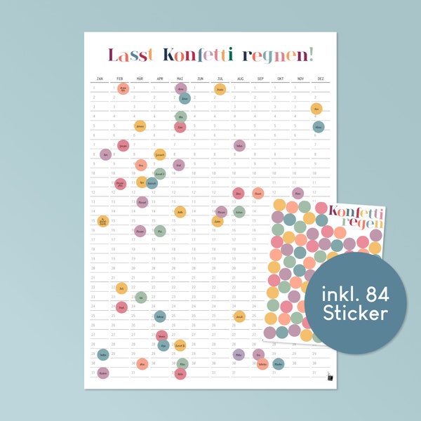 Geburtstagskalender “Lasst Konfetti regnen!” - personalisiert - mit bunten Stickern - DinA2 Poster Hochformat
