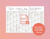 Kalender zum Ausdrucken Schuljahr 2025/26 mit Feiertagen und Ferien - selbst ausdrucken in DIN A4, A3, A2, A1, A0 - Schuljahreskalender PDF