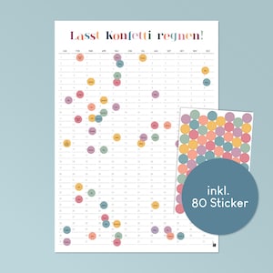 Geburtstagskalender “Lasst Konfetti regnen!” - mit bunten Stickern - DinA2 Poster Hochformat
