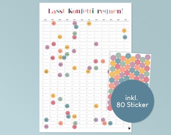 Geburtstagskalender “Lasst Konfetti regnen!” - mit bunten Stickern - DinA2 Poster Hochformat